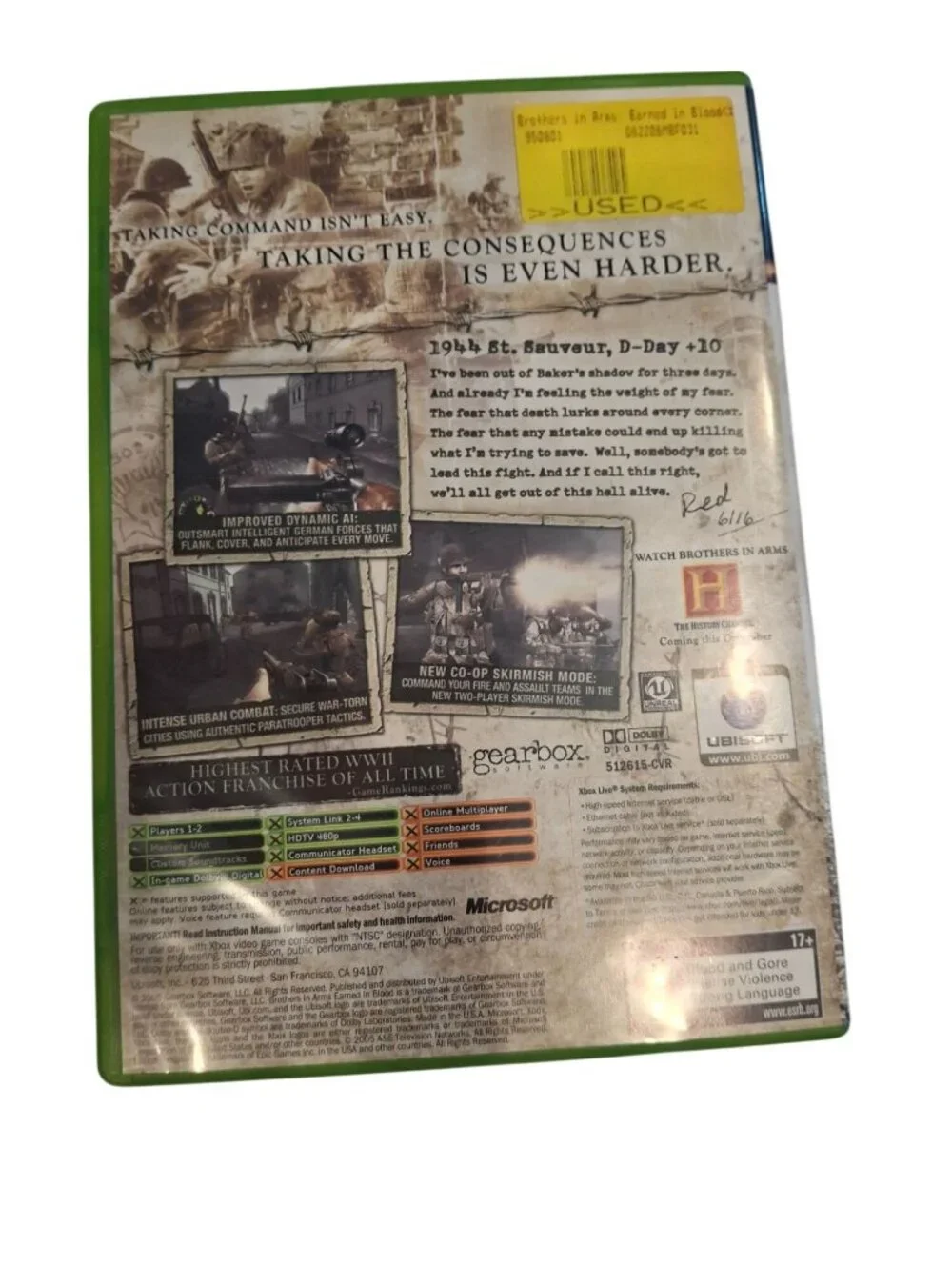 Brothers in Arms Earned in Blood Original Xbox 2005 WWII FPS Ubisoft Game CIB